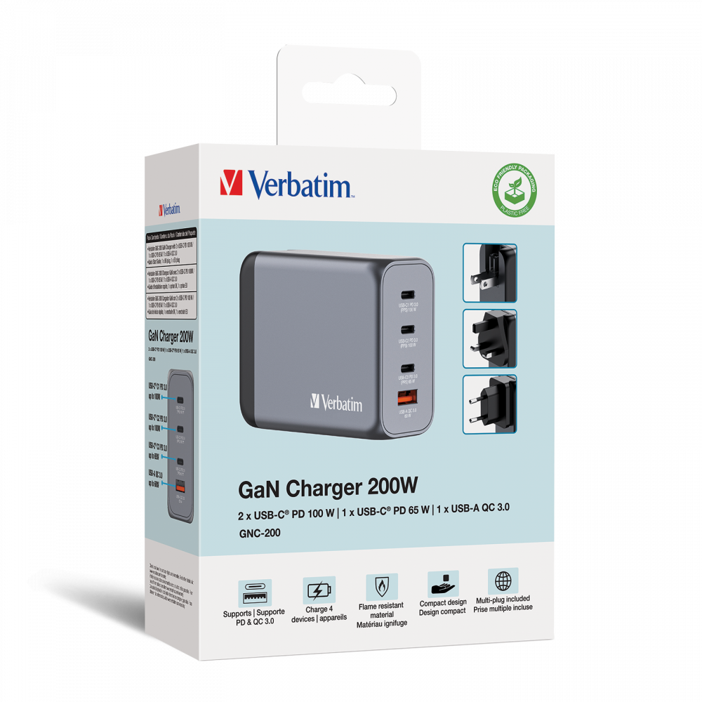 200W 4-Port GaN Wall Charger 2 x USB-C® PD 100W / 1 x USB-C® PD 65W / 1 x USB QC 3.0 (EU/UK/US)