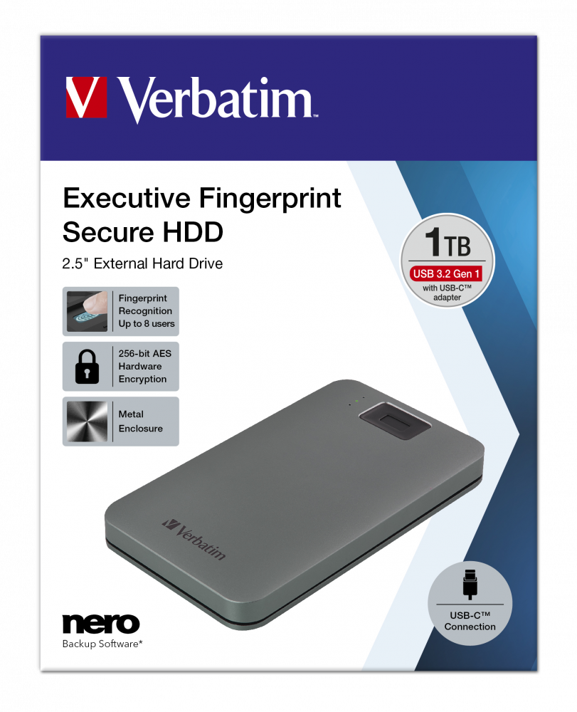 Executive Fingerprint Secure Portable USB-C Hard Drive 1TB